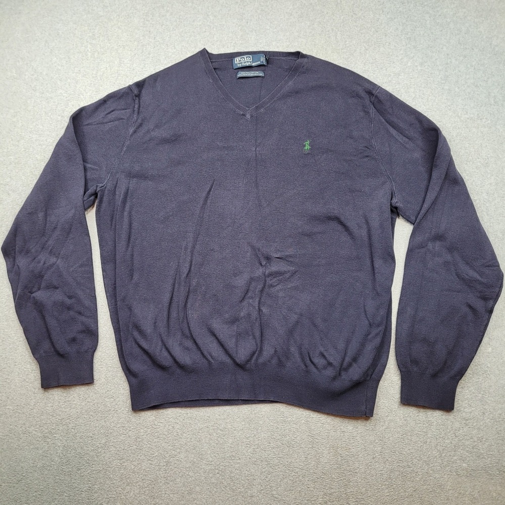 Polo Ralph Lauren Pima Cotton V-Neck Sweater Mens XL Navy Blue Green Pony Logo